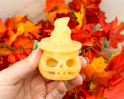 Yellow Calcite Halloween Pumpkin Wizard – Hand-Carved Crystal Decoration-Morganite Gems