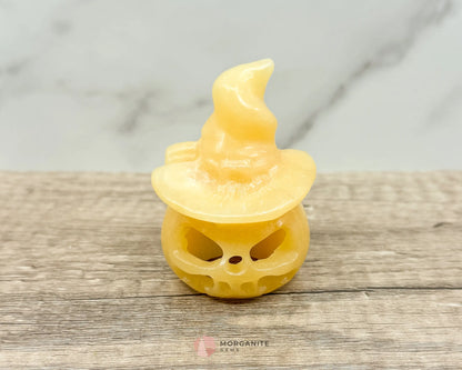 Yellow Calcite Halloween Pumpkin Wizard – Hand-Carved Crystal Decoration-Morganite Gems
