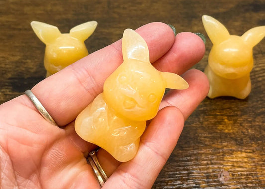 Yellow Calcite Pikachu-Inspired Crystal Figurine – Hand-Carved Pokémon Collectible-Morganite Gems