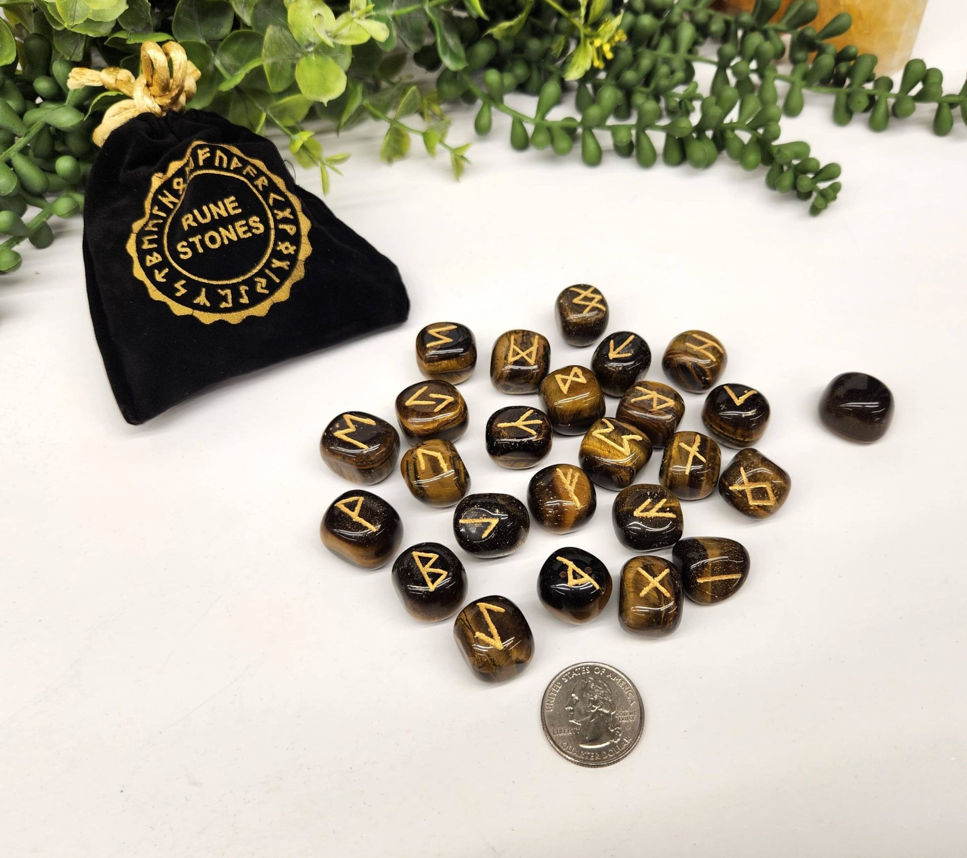 Yellow Tiger Eye Gemstone Rune Sets with Velvet Pouch-Morganite Gems