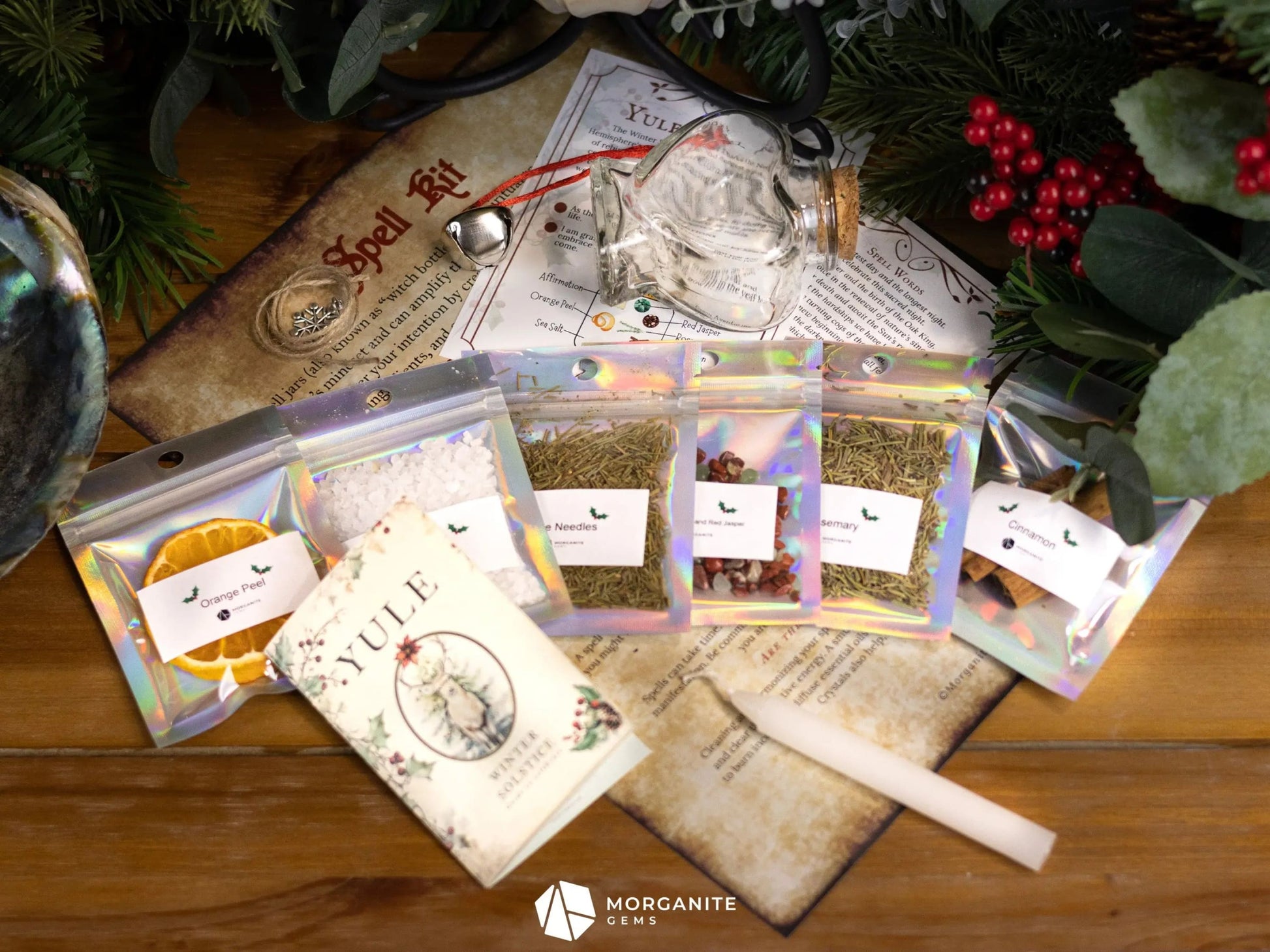 Yule Spell Jar Kit – DIY Holiday Ritual Kit for Manifestation, Abundance & Winter Solstice Magic-Morganite Gems