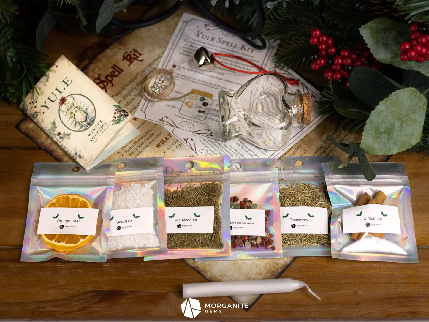 Yule Spell Jar Kit – DIY Holiday Ritual Kit for Manifestation, Abundance & Winter Solstice Magic-Morganite Gems